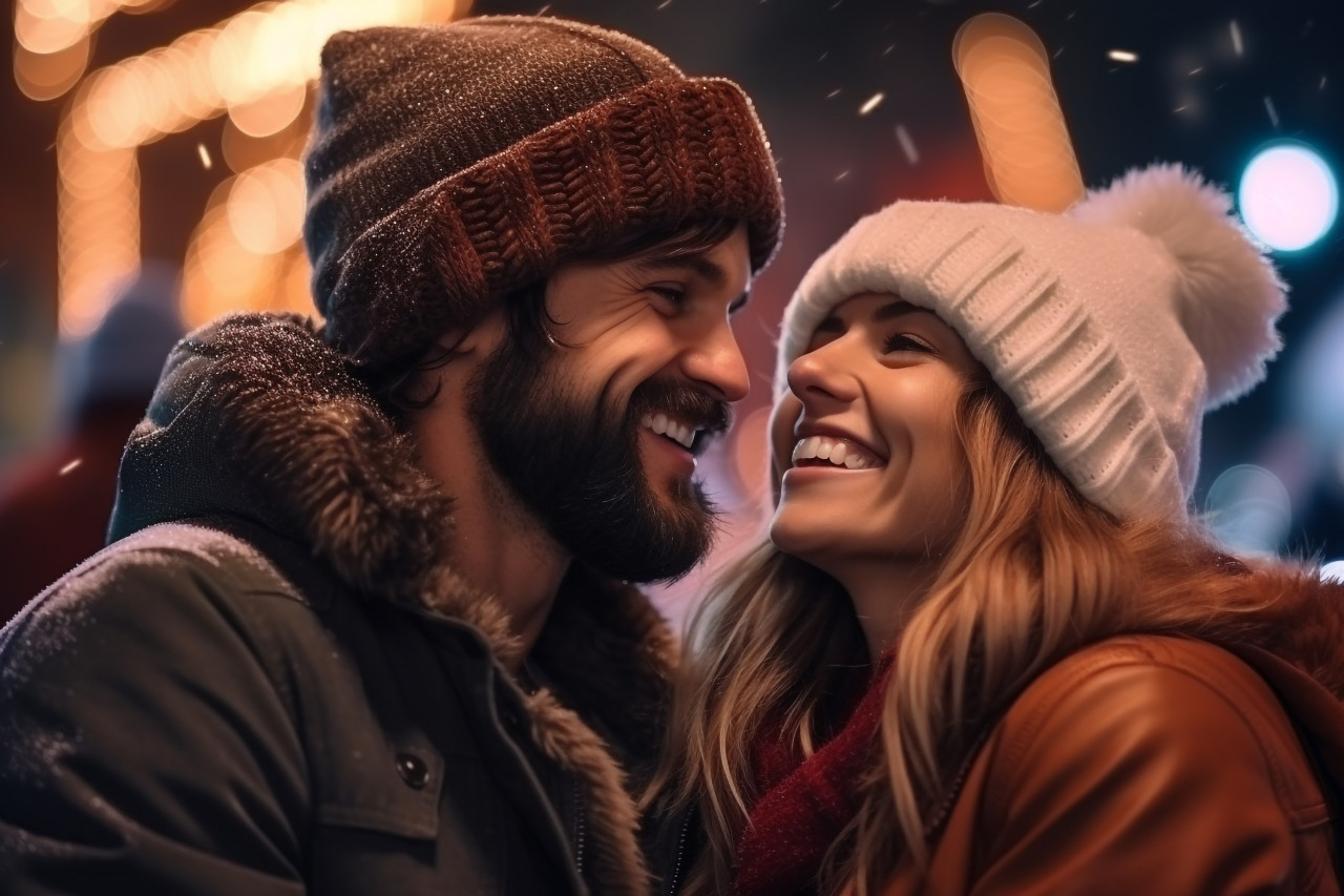 A picture of a young couple happily spending time together at a christmas festival in the city on a magical snowy night, christmas festival people image