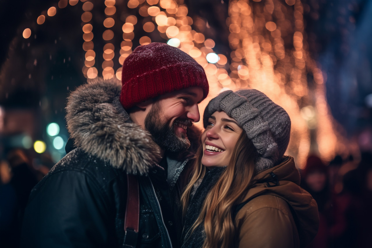 A picture of a young couple happily spending time together at a christmas festival in the city on a magical snowy night, christmas festival people image