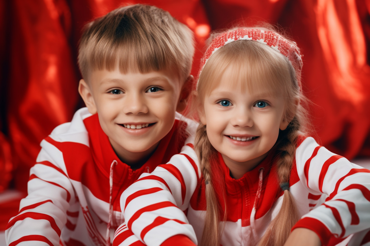 A picture of two happy kids in red and white clothes having fun together, christmas festival people image