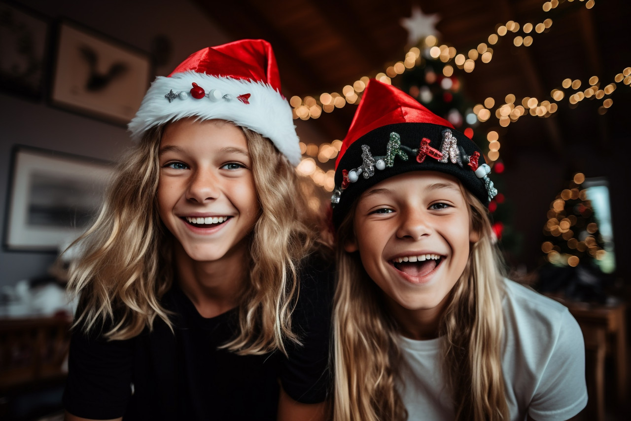 A picture of two siblings wearing santa hats and celebrating christmas together, christmas festival people image