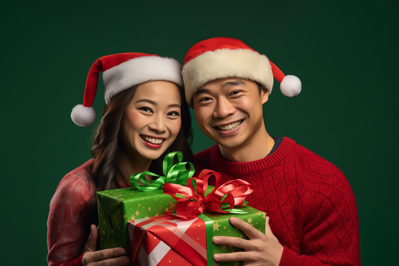 A photo of a happy asian couple in red and green clothes holding each other and celebrating christmas, christmas festival people image