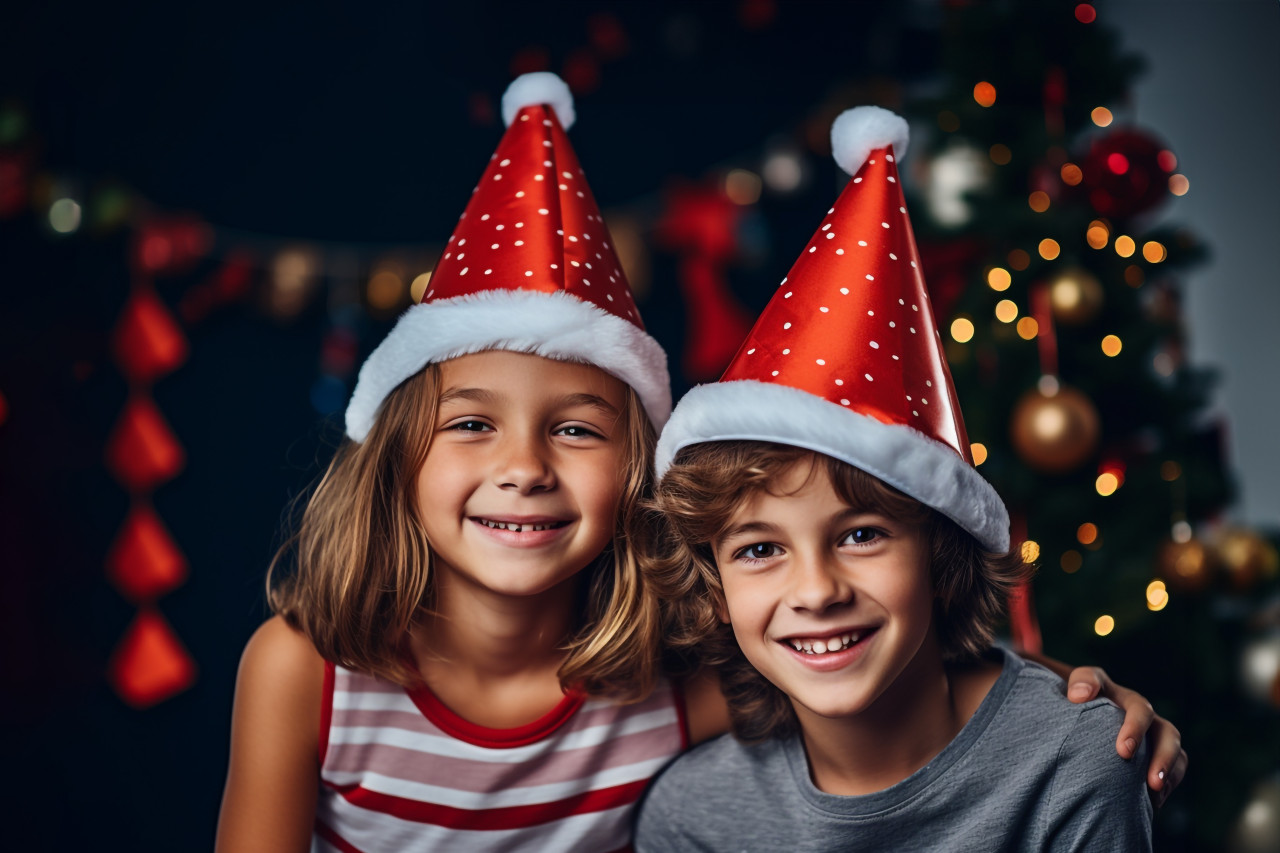 A picture of two siblings wearing santa hats and celebrating christmas together, christmas festival people image