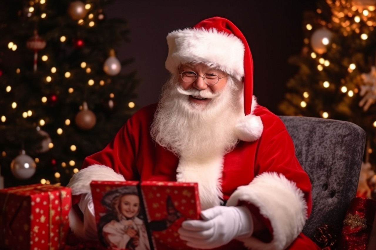 Picture of santa with a gift box on christmas eve, sitting at a cozy table in his home late at night, christmas festival people image