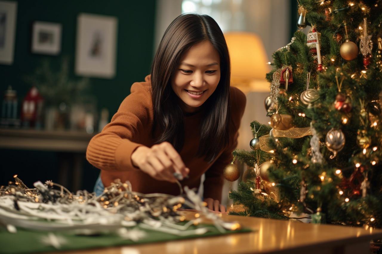 A picture of a beautiful vietnamese woman setting the table while her husband decorates the christmas tree, christmas festival people image