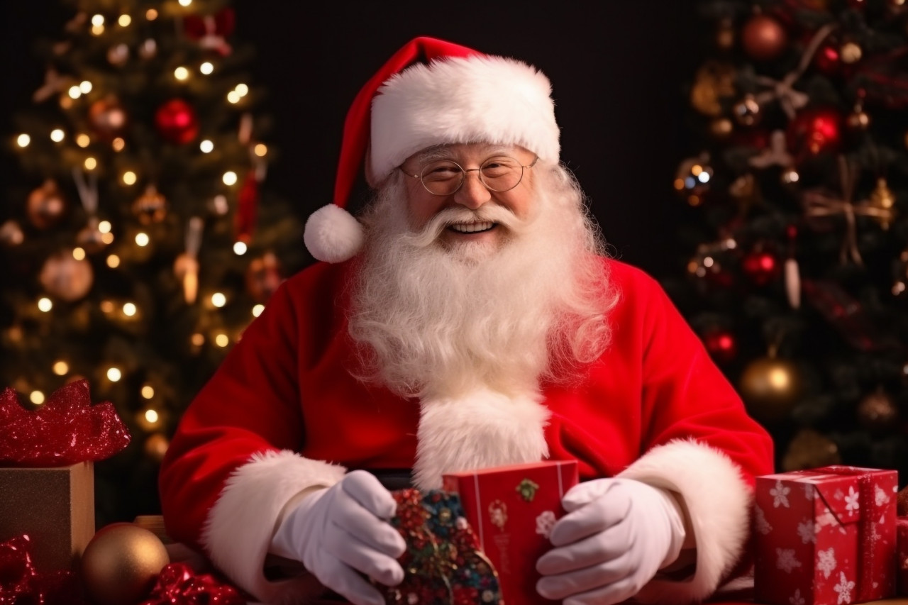 Picture of santa with a gift box on christmas eve, sitting at a cozy table in his home late at night, christmas festival people image