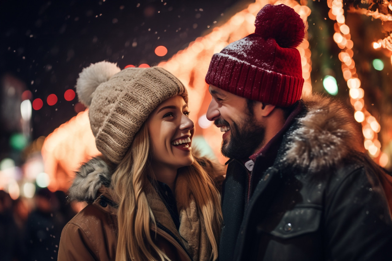 A picture of a young couple happily spending time together at a christmas festival in the city on a magical snowy night, christmas festival people image