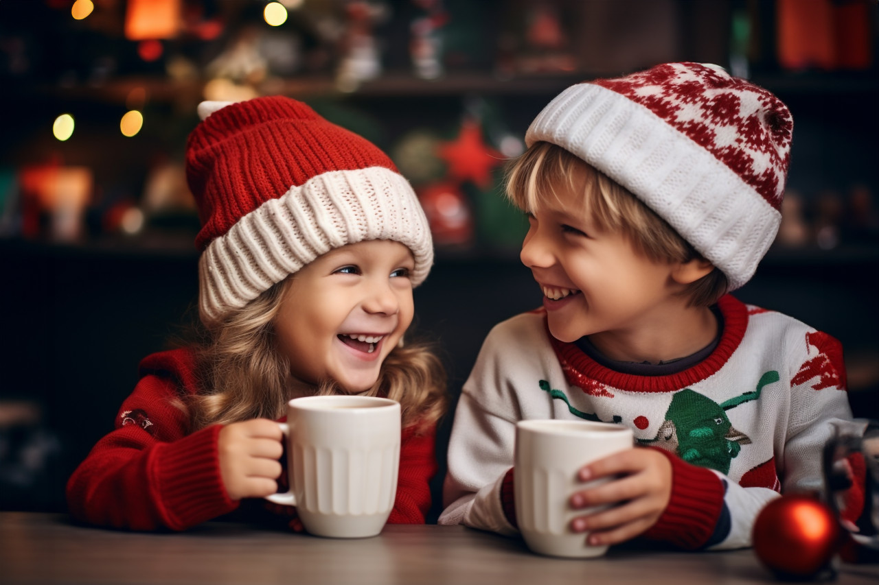 A photo of a happy boy and girl laughing and drinking hot chocolate that they made together in their cozy kitchen on christmas eve, christmas festival people image