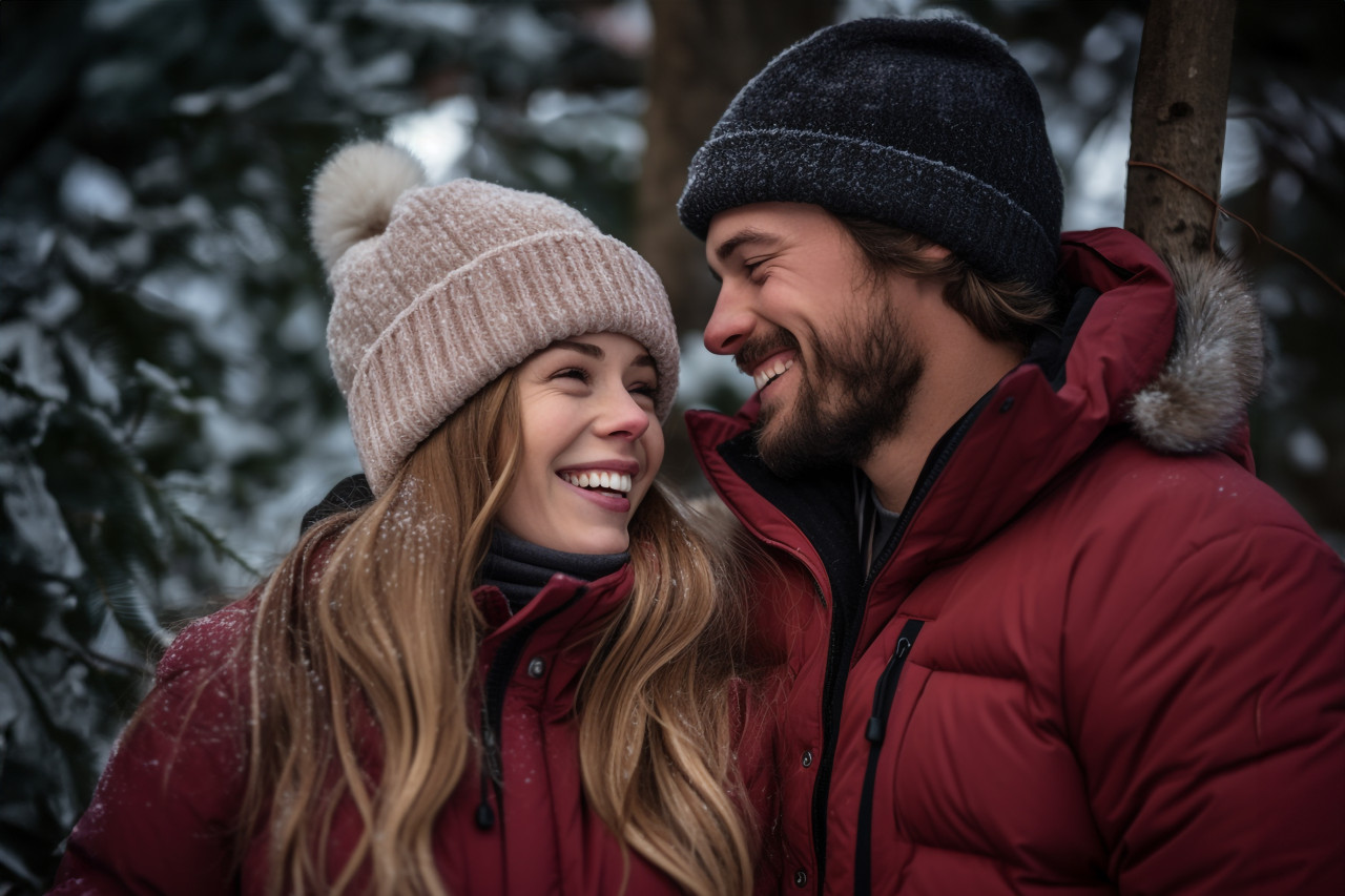 A photo of a young couple in love having fun outside in the winter before christmas, christmas festival people image