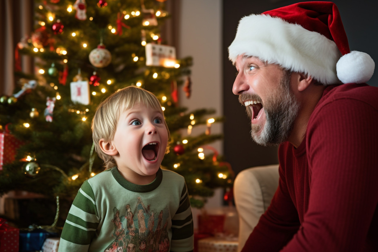 A photo of a happy son and his father looking at the christmas tree at home, christmas festival people image