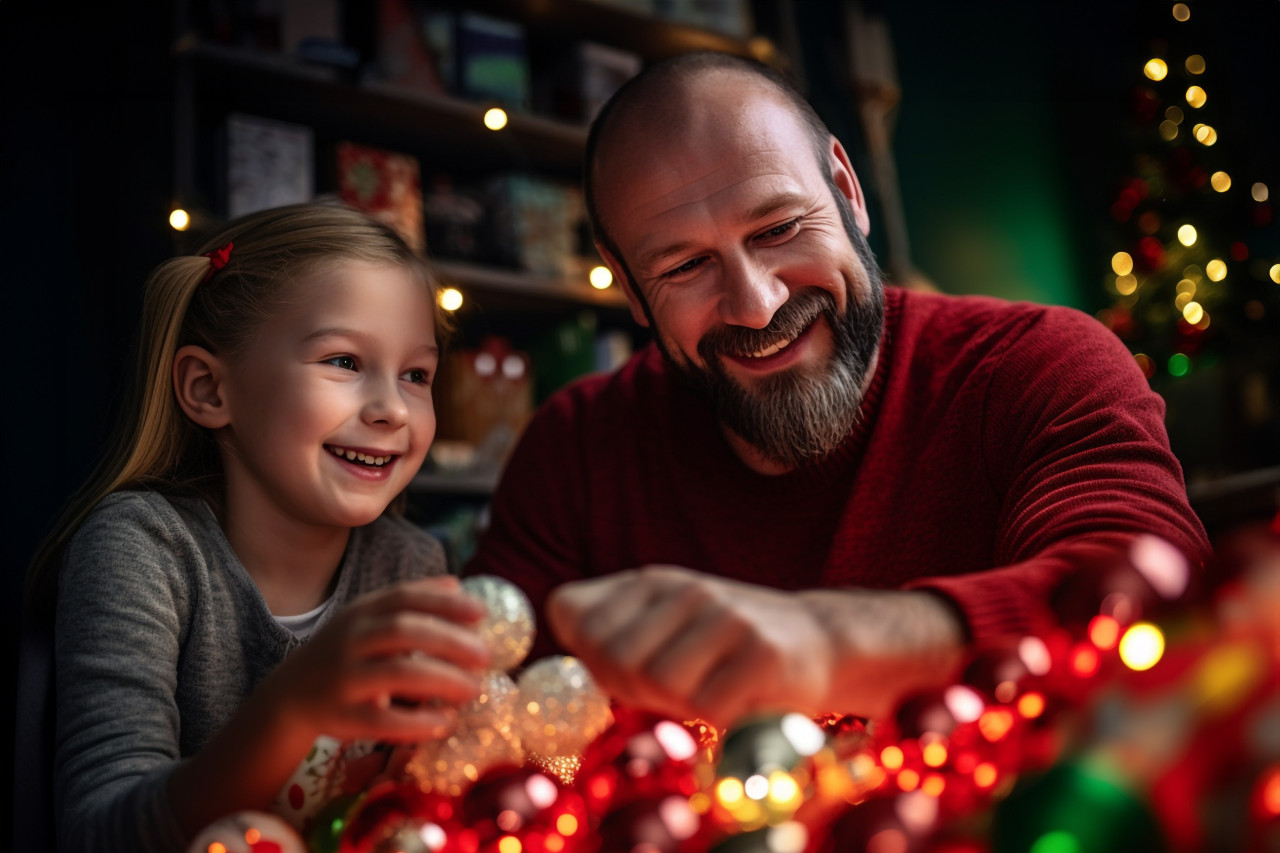 A picture of a happy father and his daughter touching christmas decorations at home, christmas festival people image