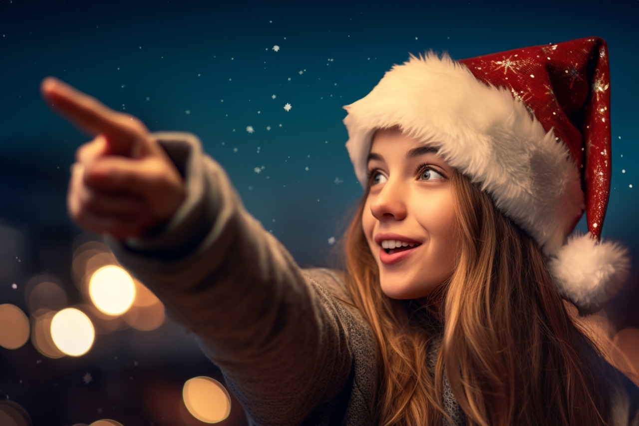 A photo of an amazed girlfriend pointing her finger at the evening sky, christmas festival people image