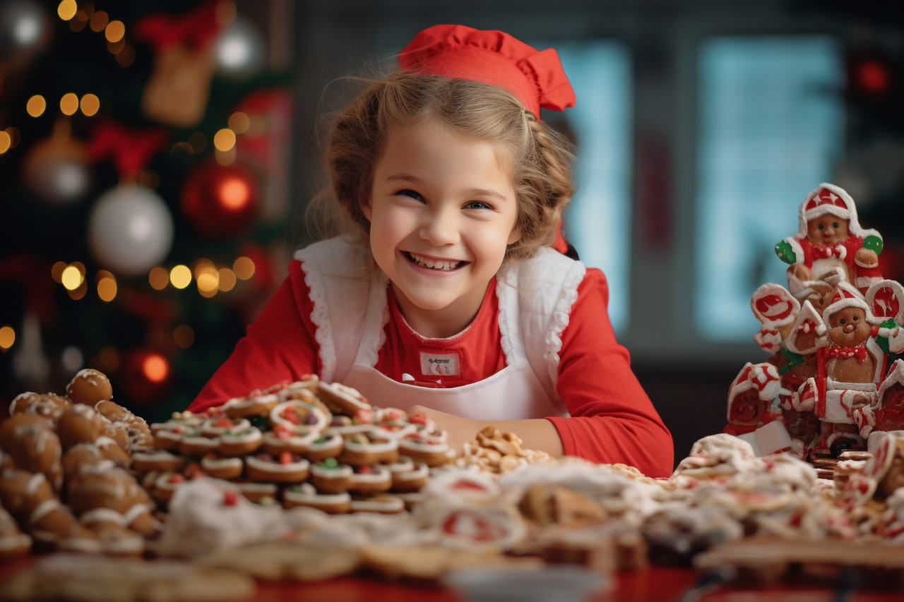 A photo of a happy and funny mother and daughter baking christmas cookies in a cozy kitchen at home, christmas festival people image