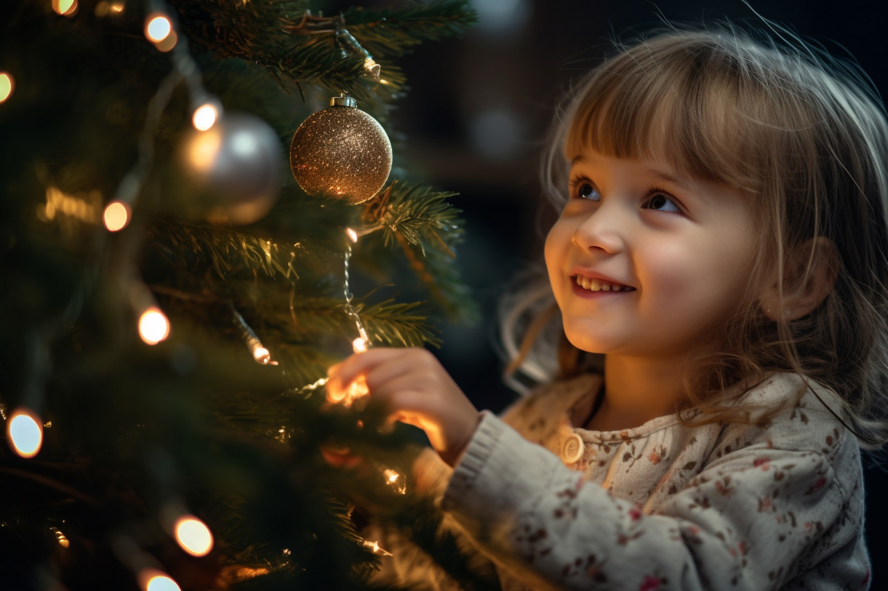 Picture of a mom and her baby girl decorating a christmas tree, christmas festival people image