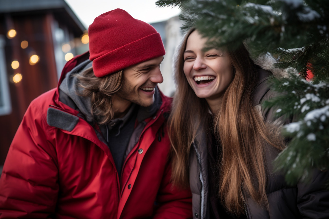A photo of a young couple in love having fun outside in the winter before christmas, christmas festival people image