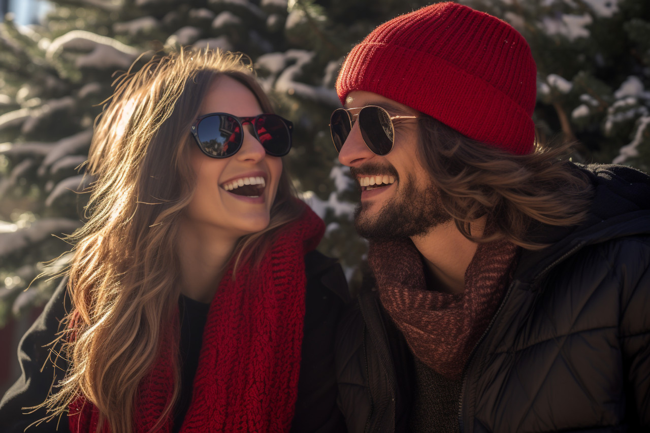 A photo of a young couple in love having fun outside in the winter before christmas, christmas festival people image