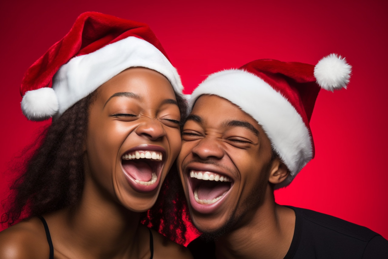 Close up photo of young black lovers wearing santa hats and having fun on a red studio background, christmas festival people image