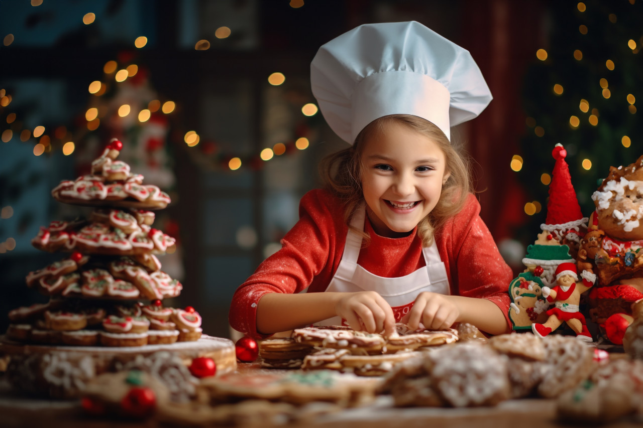 A photo of a happy and funny mother and daughter baking christmas cookies in a cozy kitchen at home, christmas festival people image