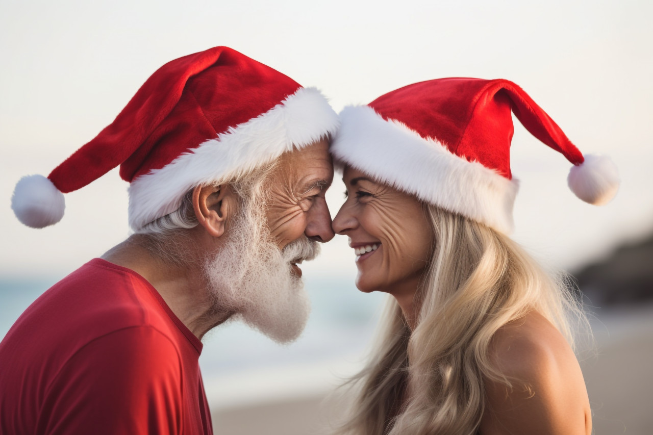 A photo of a couple wearing santa hats together on the beach, seen from behind, christmas festival people image