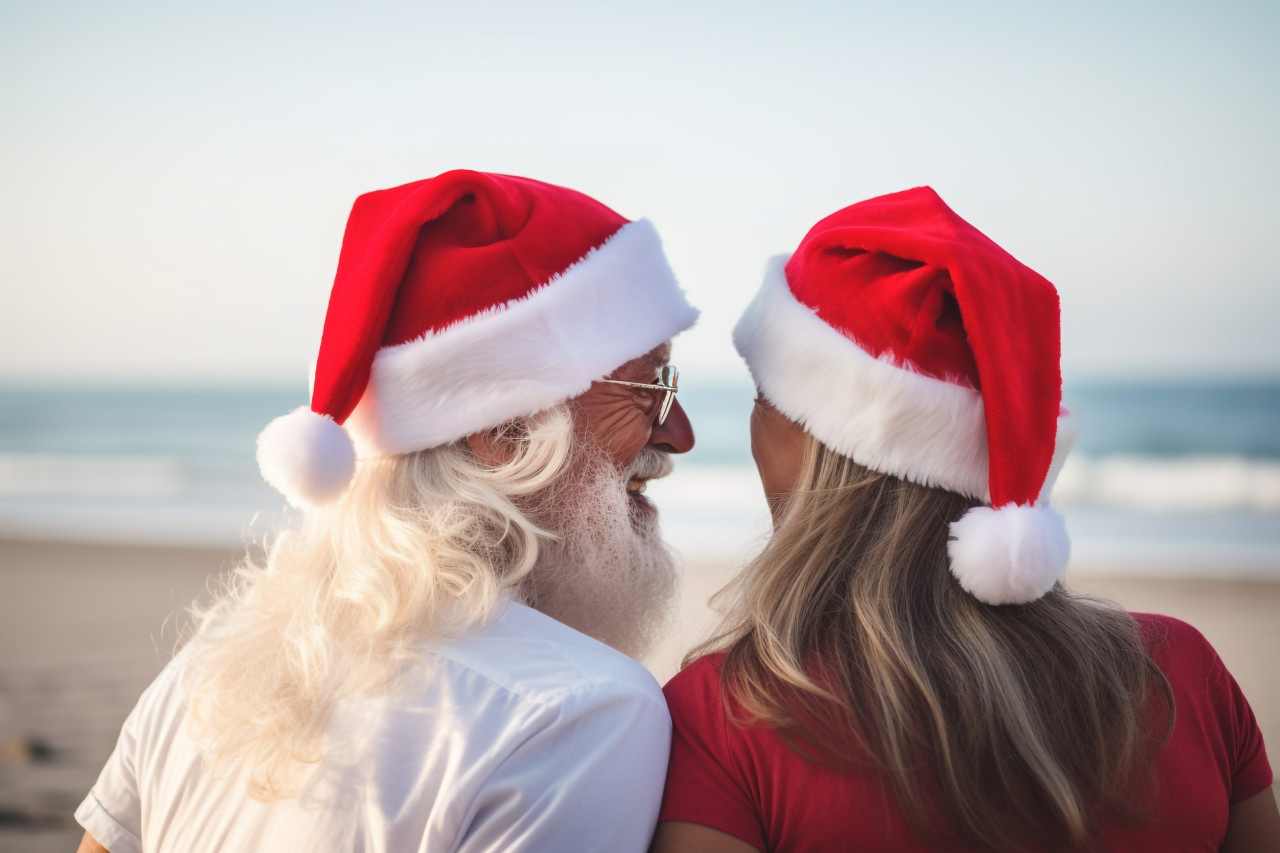 A photo of a couple wearing santa hats together on the beach, seen from behind, christmas festival people image