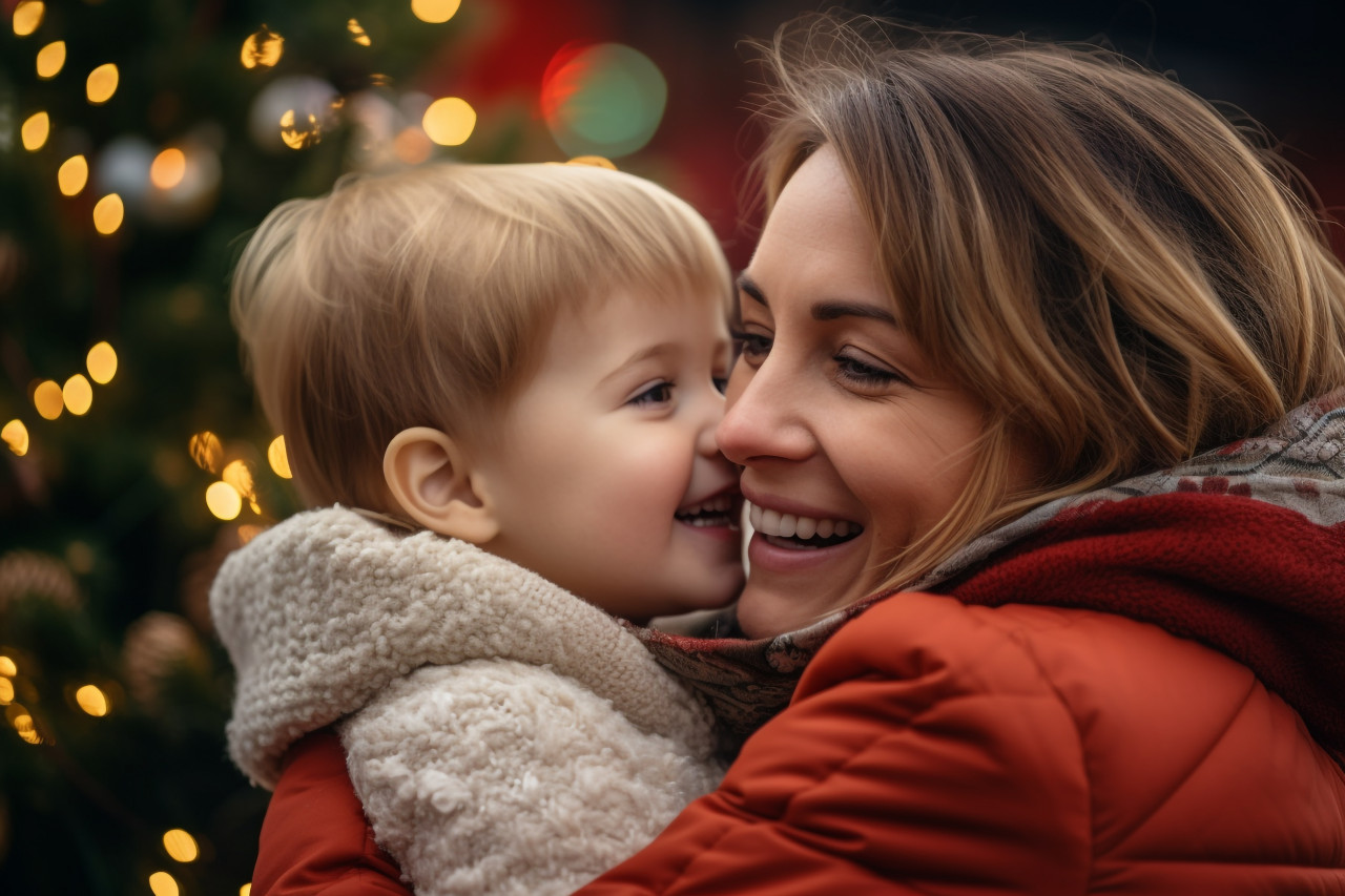 Picture of a mom with her baby in her arms, looking at a christmas tree outside, christmas festival people image
