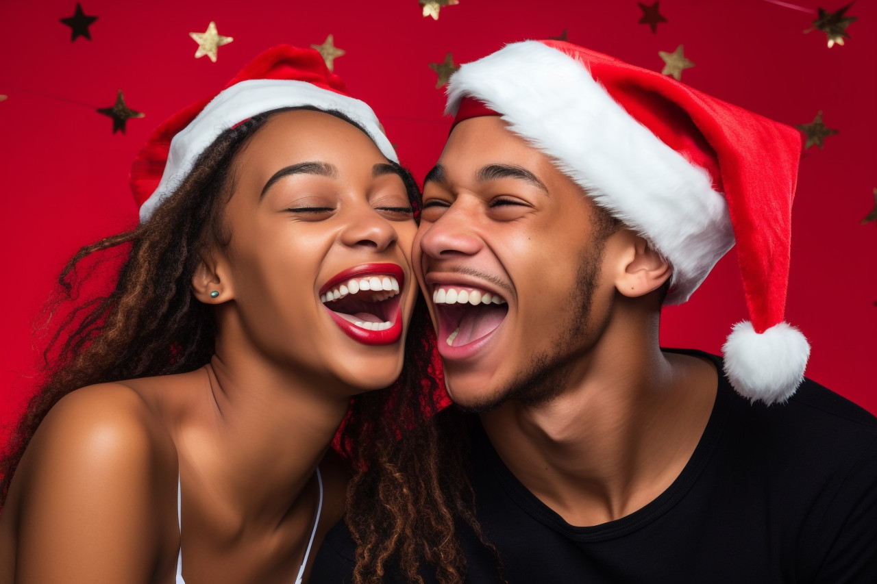 Close up photo of young black lovers wearing santa hats and having fun on a red studio background, christmas festival people image