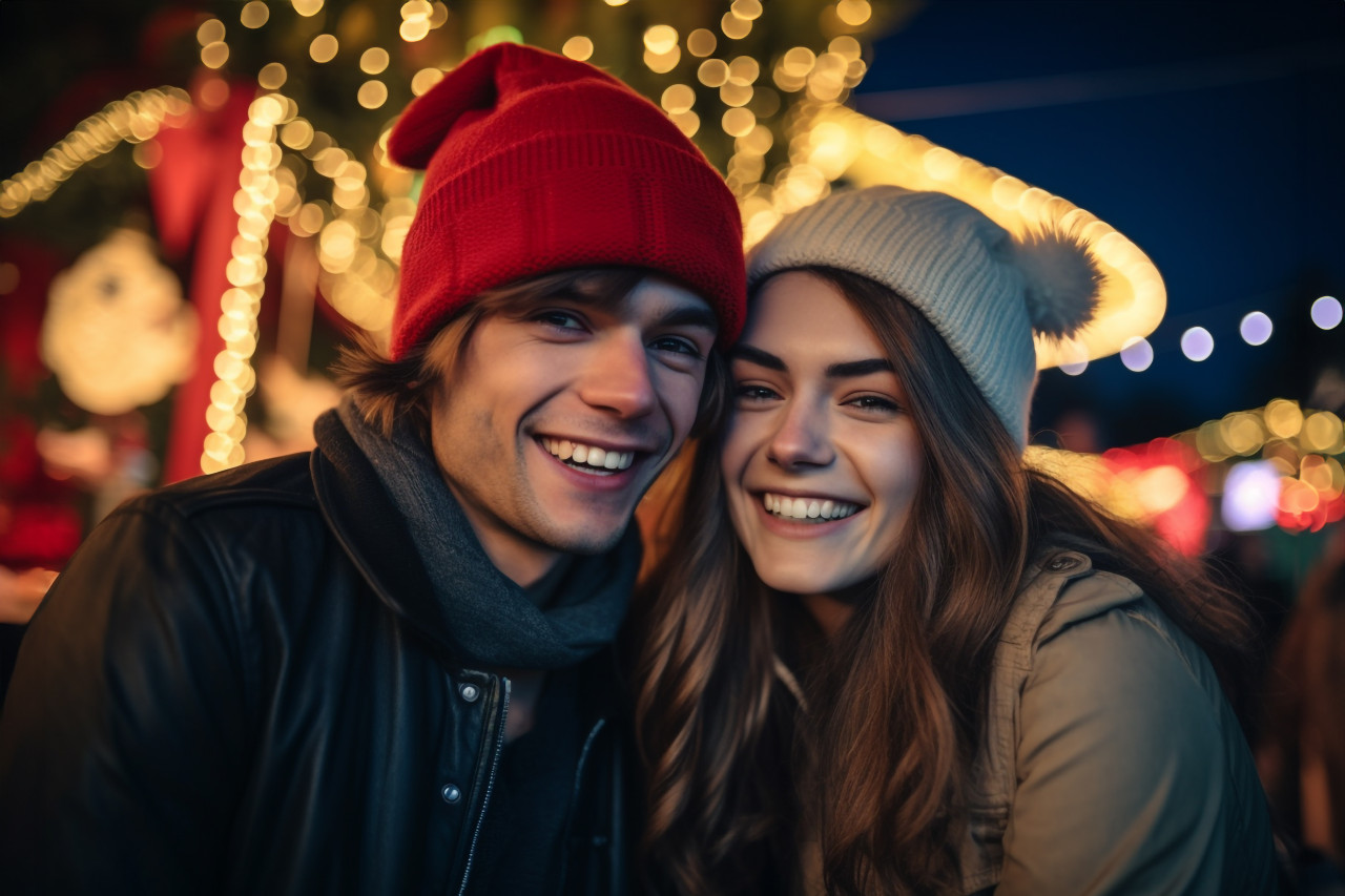 Picture of a young couple having fun at an amusement park on christmas eve, christmas festival people image