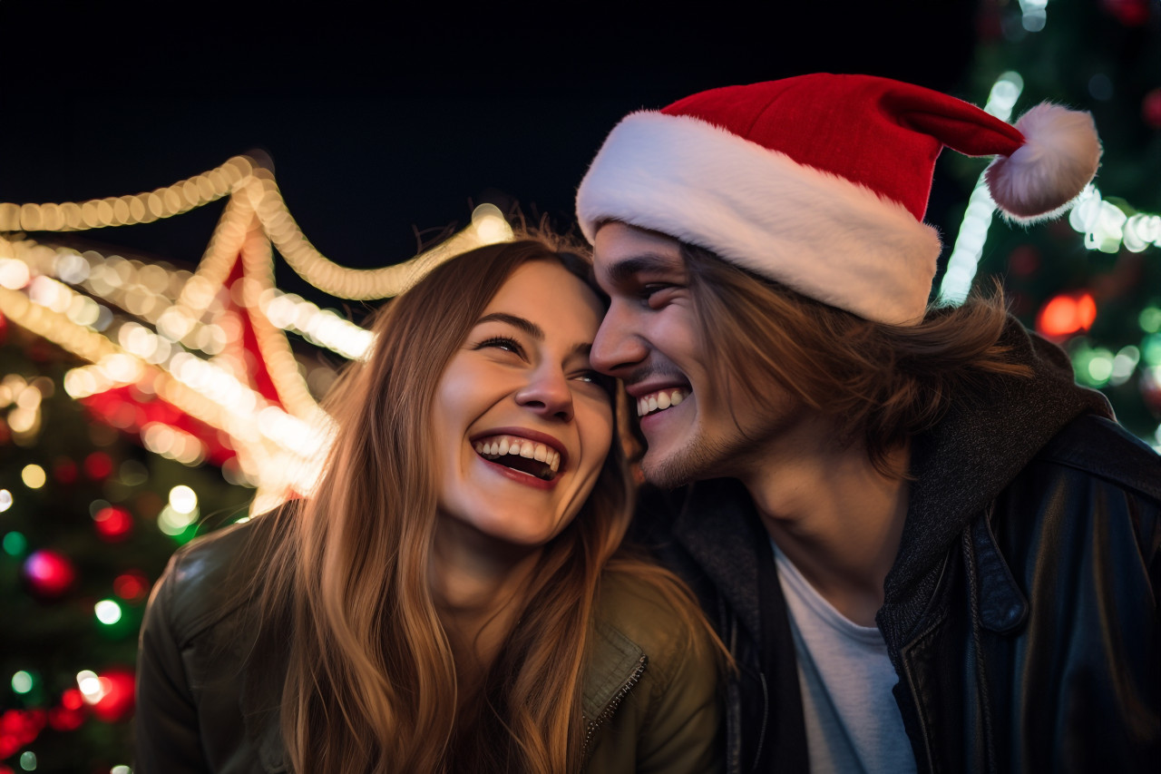 Picture of a young couple having fun at an amusement park on christmas eve, christmas festival people image