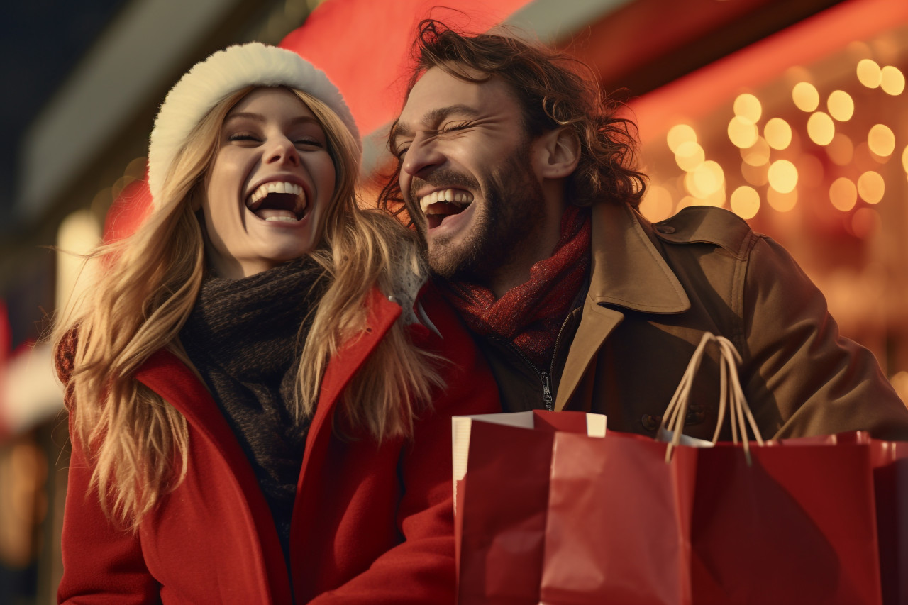 A photo of a young couple holding shopping bags and having fun outdoors in the winter before christmas, christmas festival people image