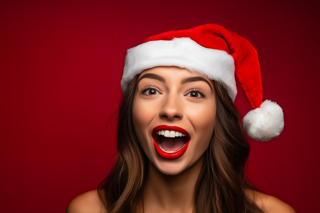 A picture of a happy young woman with bright red lipstick wearing christmas deer accessories, standing in front of a red wall, christmas festival people image