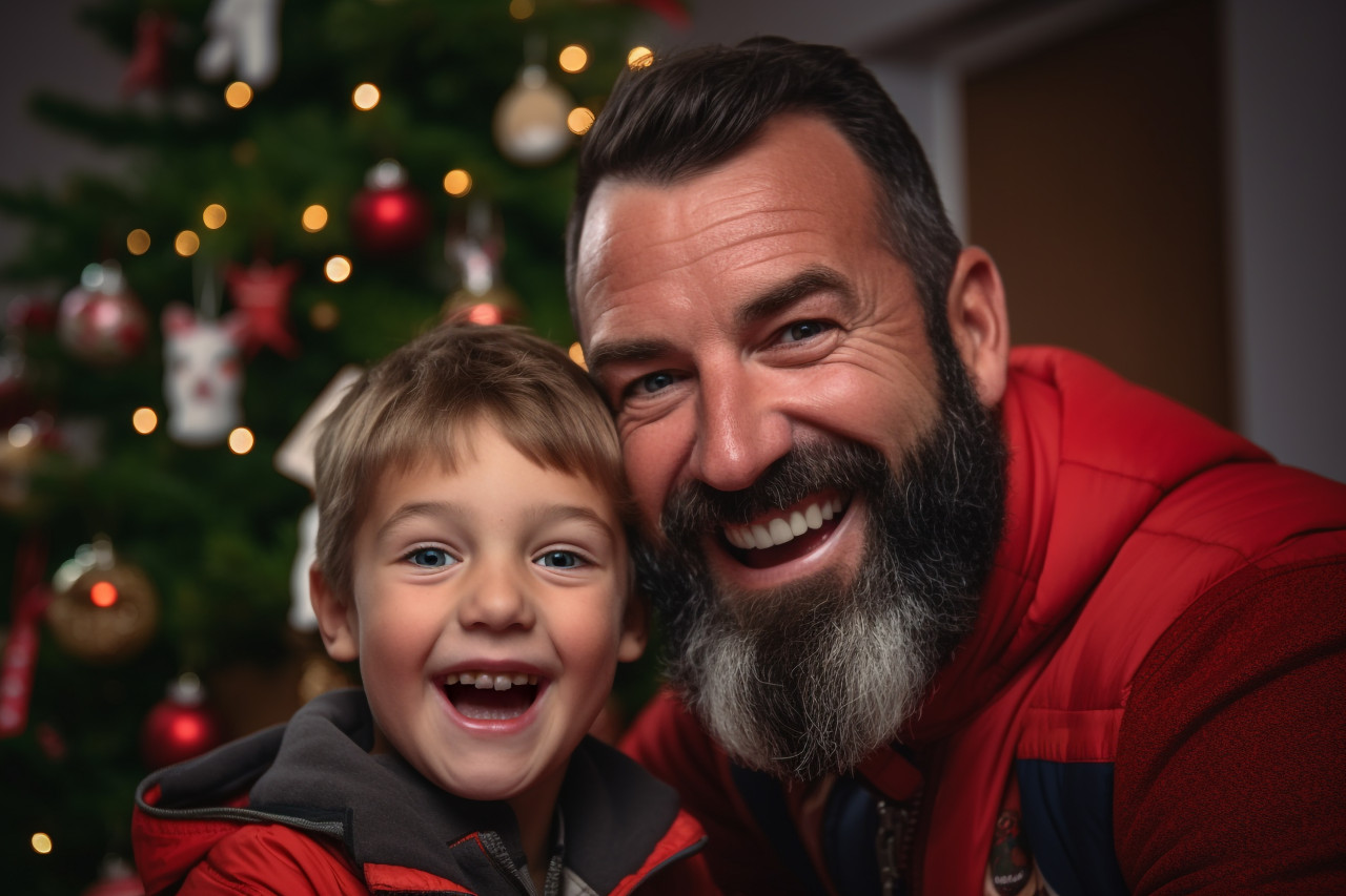 Picture of a happy dad and kid standing in front of a christmas tree at home, christmas festival people image
