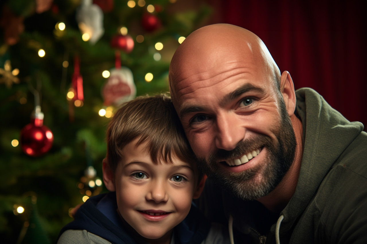 Picture of a happy dad and kid standing in front of a christmas tree at home, christmas festival people image