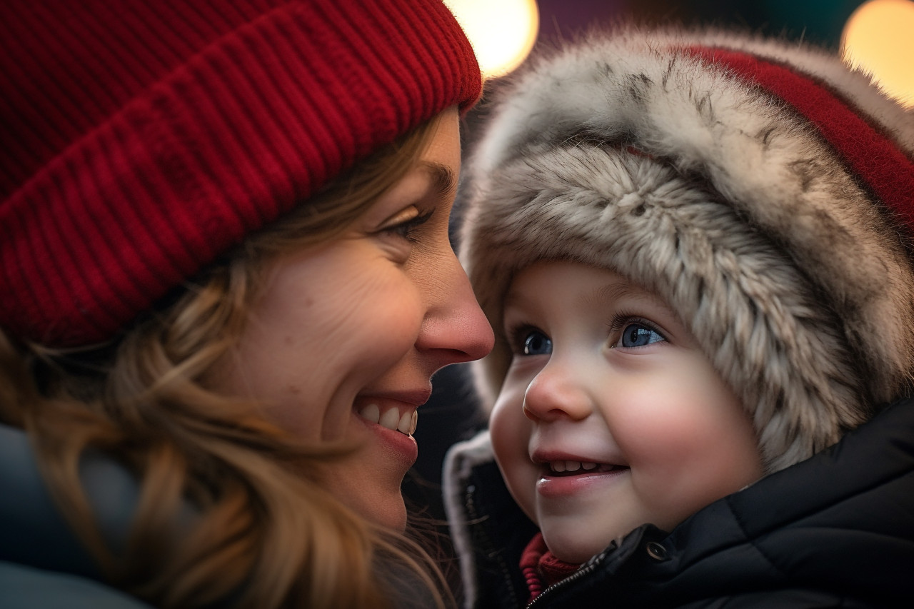 Picture of a young girl and her mother at a christmas market, christmas festival people image