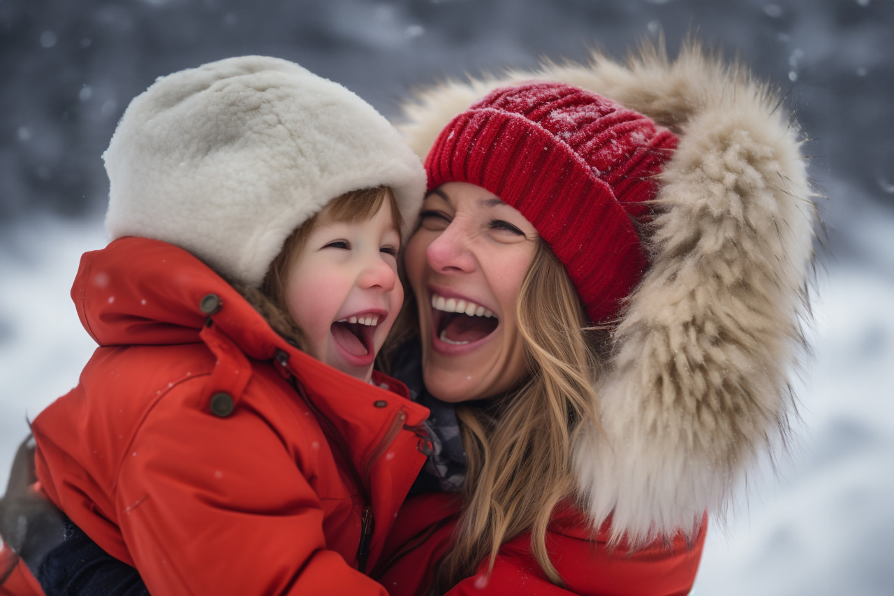 A photo of a happy, loving mother and her daughter having fun and laughing while playing in the snow on a winter walk in nature, christmas festival people image