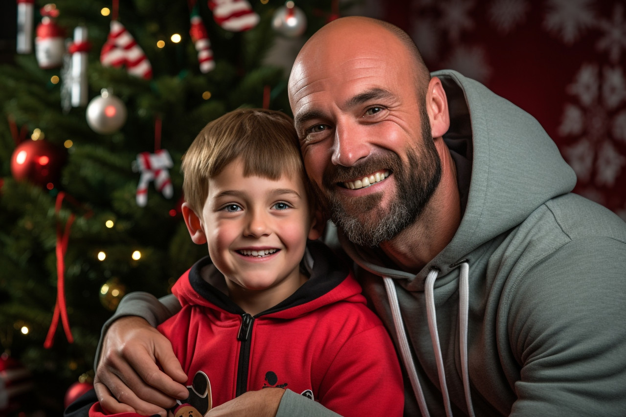 Picture of a happy dad and kid standing in front of a christmas tree at home, christmas festival people image