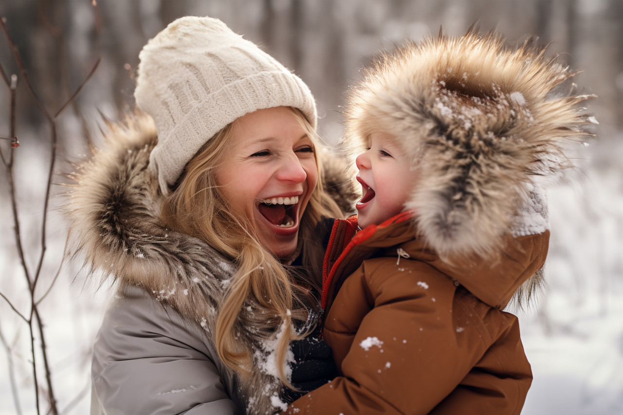 A photo of a happy, loving mother and her daughter having fun and laughing while playing in the snow on a winter walk in nature, christmas festival people image