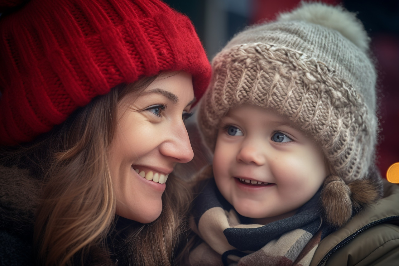 Picture of a young girl and her mother at a christmas market, christmas festival people image