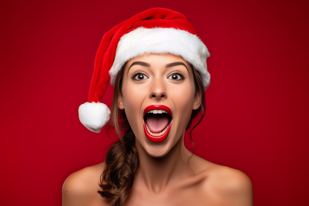 A picture of a happy young woman with bright red lipstick wearing christmas deer accessories, standing in front of a red wall, christmas festival people image