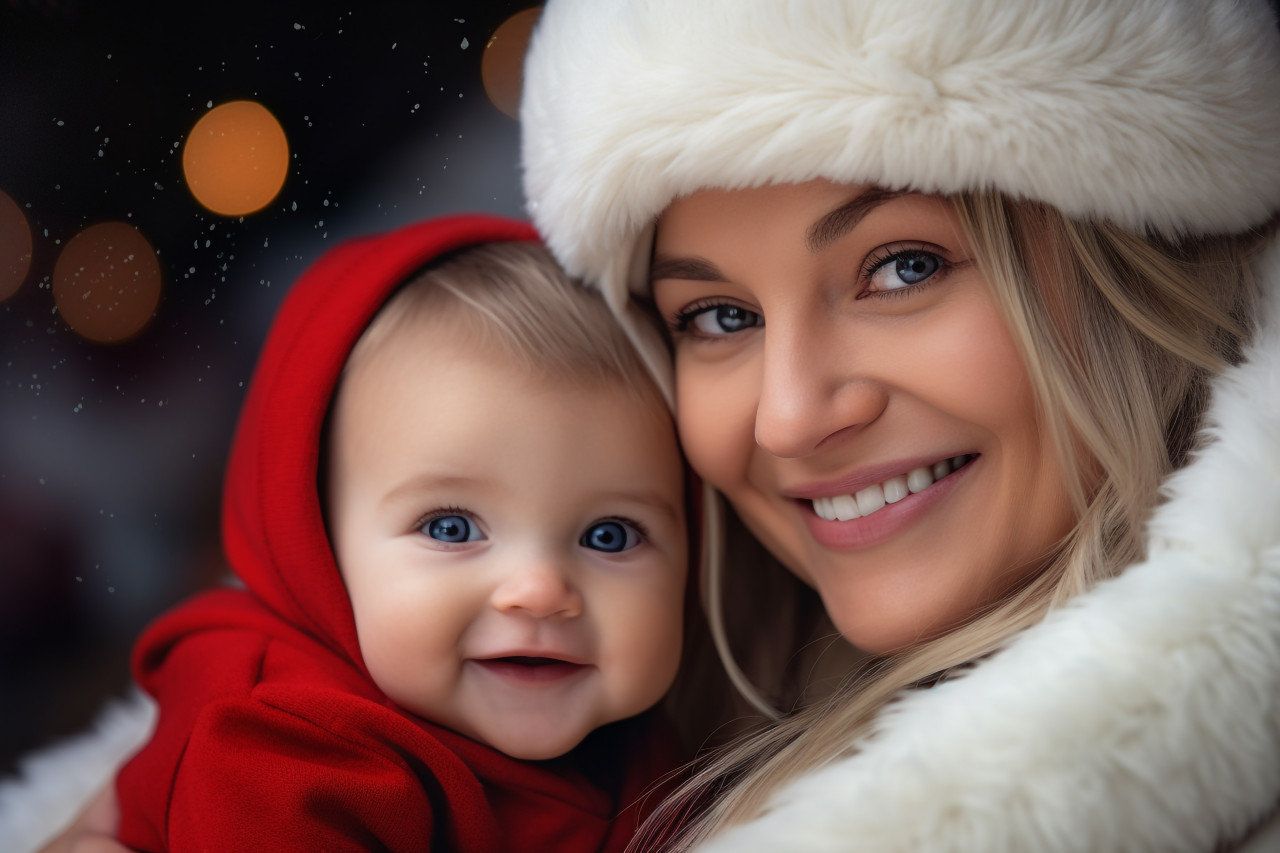A picture of a happy mother and her cute baby celebrating christmas, christmas festival people image
