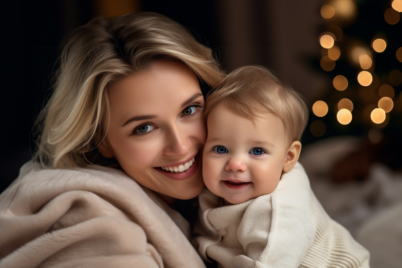 A picture of a happy mother and her cute baby celebrating christmas, christmas festival people image