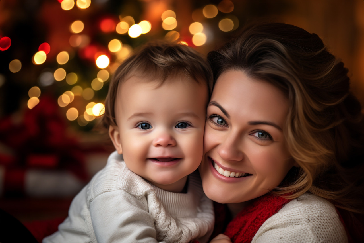 A picture of a happy mother and her cute baby celebrating christmas, christmas festival people image