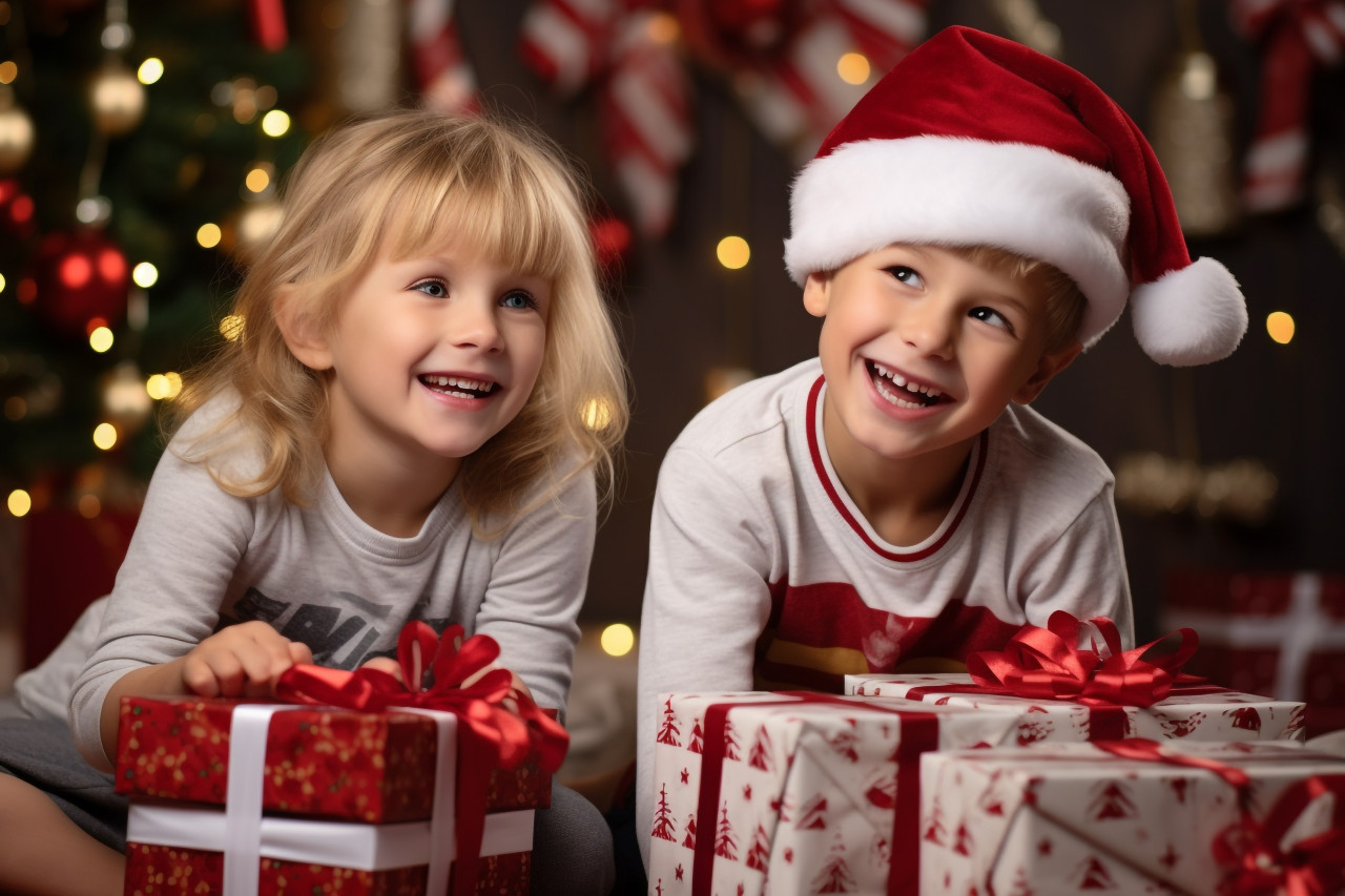 A photo of a happy little girl and boy hugging at home with christmas presents, during the christmas winter holidays, christmas festival people image