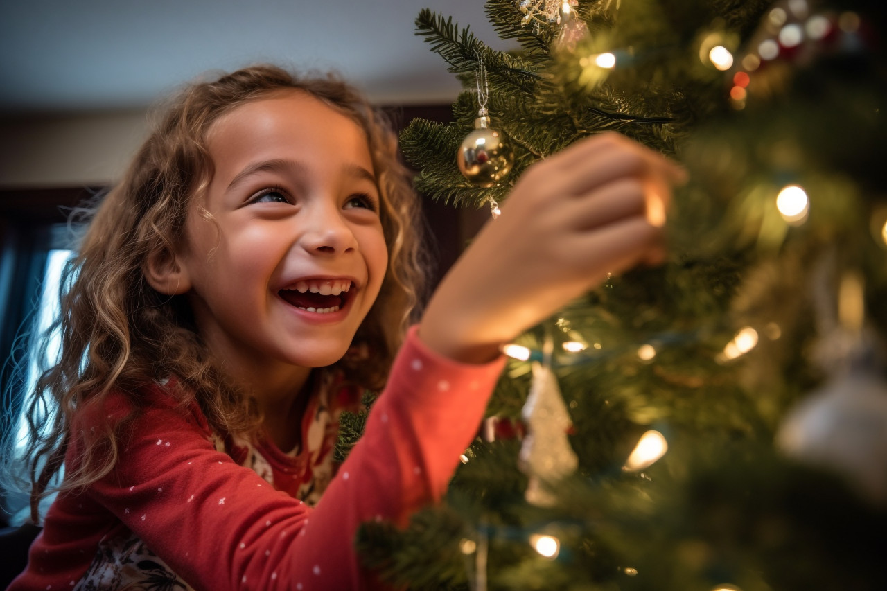 A picture of a family of four putting a star on top of a christmas tree. they are all smiling and happy, christmas festival people image