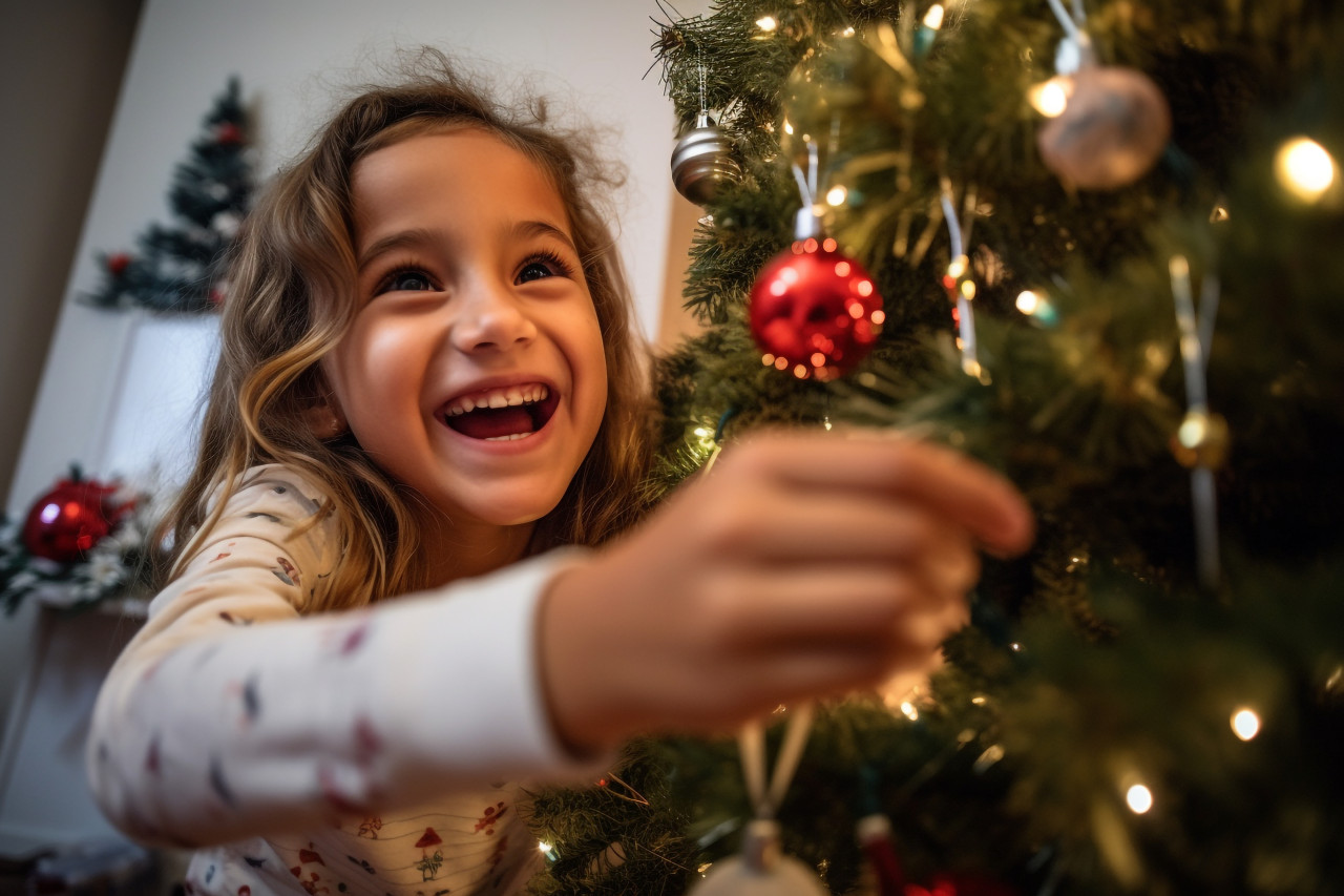 A picture of a family of four putting a star on top of a christmas tree. they are all smiling and happy, christmas festival people image