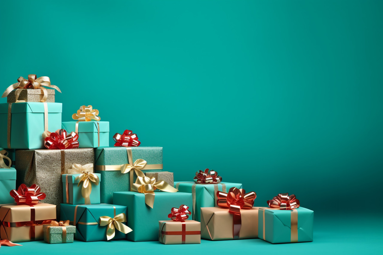 A picture of a sign with many gift boxes wrapped in velvet ribbons and paper decorations, christmas festival celebration images