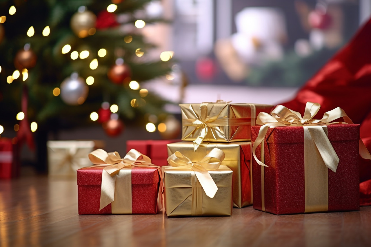 A picture of nicely wrapped christmas presents on the floor next to a christmas tree in a living room, christmas festival celebration images
