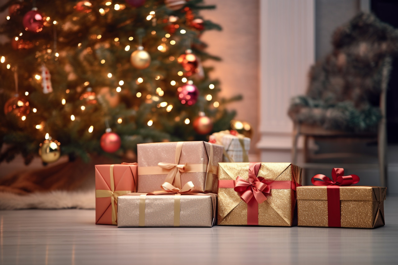 A picture of nicely wrapped christmas presents on the floor next to a christmas tree in a living room, christmas festival celebration images