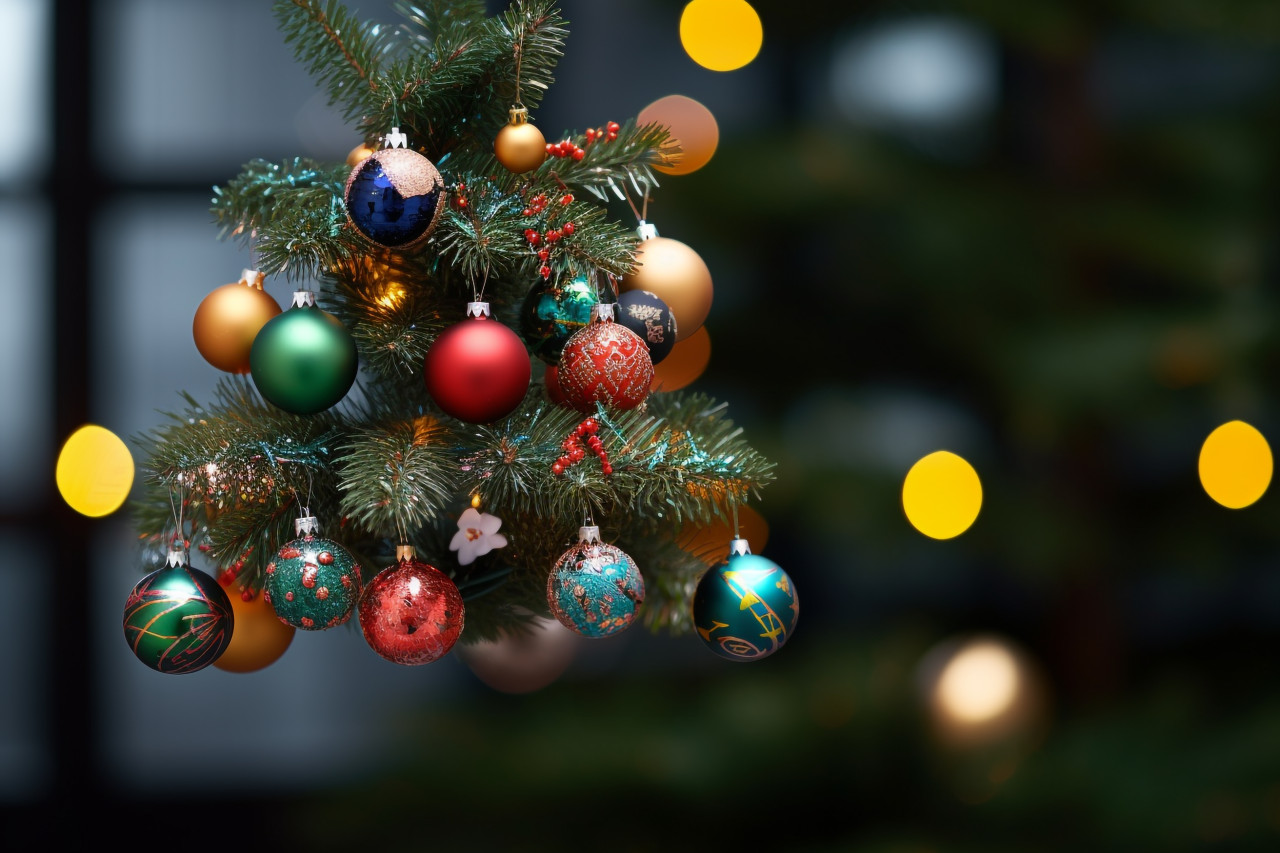 Picture of a christmas tree with ornaments in front of a blurry background, christmas festival celebration images
