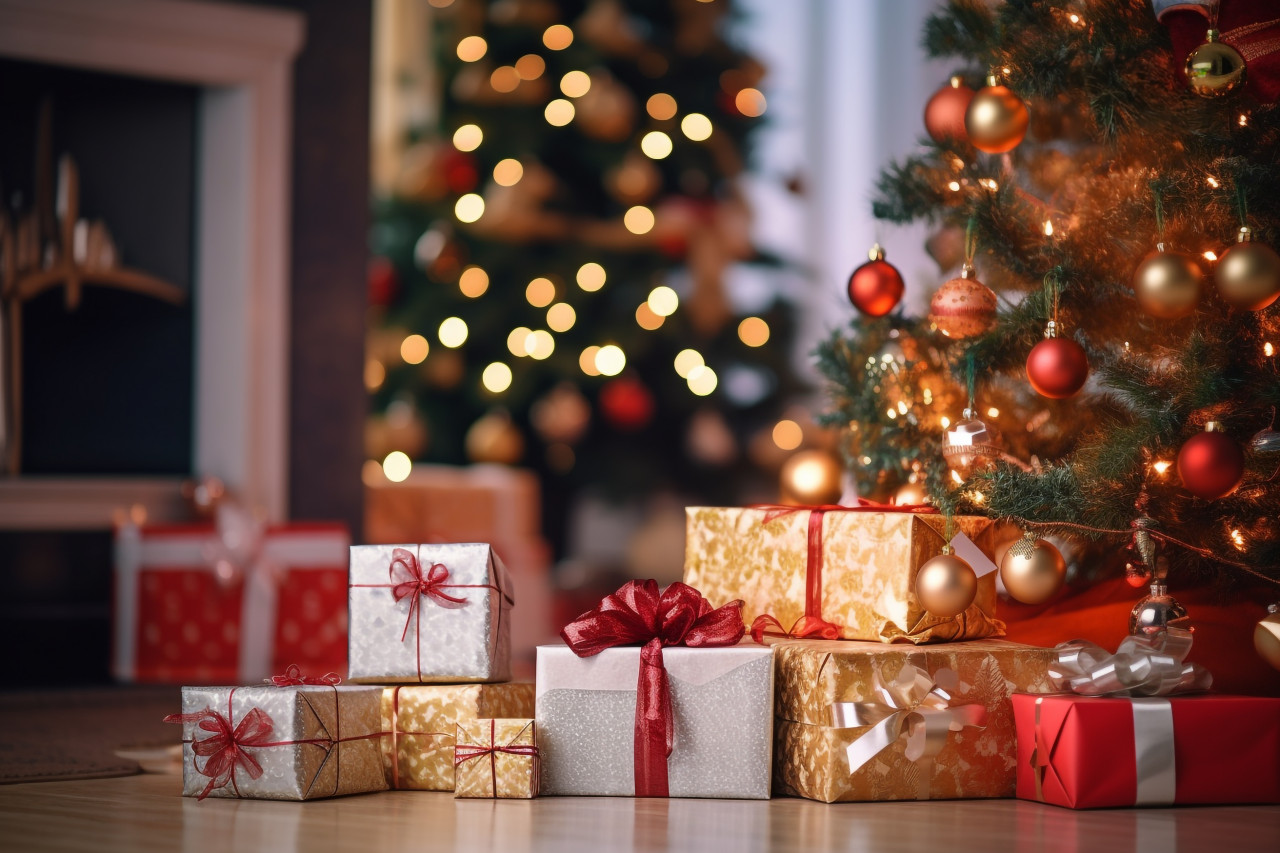 A picture of nicely wrapped christmas presents on the floor next to a christmas tree in a living room, christmas festival celebration images