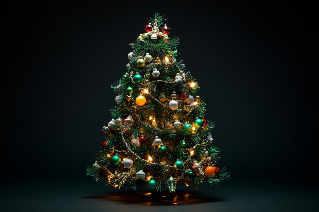 Picture of a christmas tree with ornaments and lights on a dark green background, christmas festival celebration images