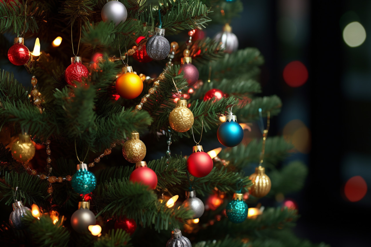 Picture of a christmas tree with ornaments in front of a blurry background, christmas festival celebration images